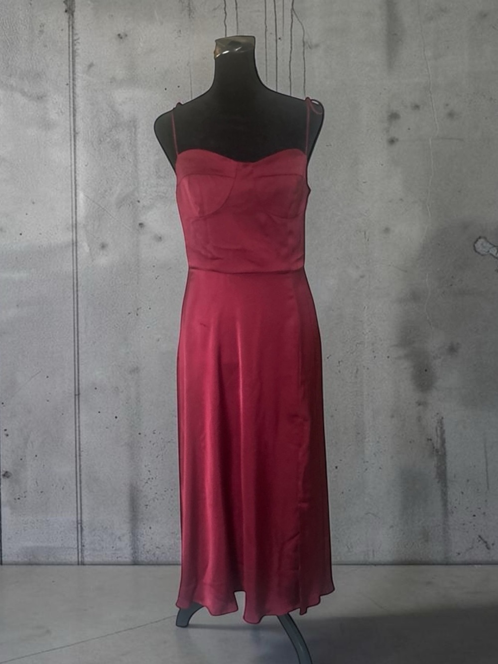 ON YOU Burgundy Satin Slip Midi Dress Square Neck Spaghetti Straps Smocked L